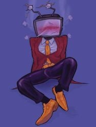 1boy 2025 antennae blush boner bulge bulge_through_clothing clothed clothed_male clothes clothing color colored deltarune deltarune_chapter_3 digital_drawing_(artwork) digital_media_(artwork) hi_res high_resolution highres legs_apart legs_spread male male_only overheated pointy_nose simple_background sitting solo solo_male spread_legs spreading spreading_legs suit sweat sweatdrop tenna_(deltarune) tv tv_head