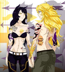 2girls arrow artist_name belt black_hair blake_belladonna blonde_hair bra canon_couple grimm_(rwby) holding_hand multiple_girls rwby shadow smile tattoo topless url ursa_(rwby) violet_eyes y8ay8a yang_xiao_long yaya_(y8ay8a) yellow_eyes yuri