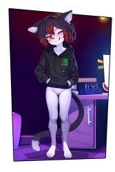 1girls 2020s 2025 2:3 4_toes absurd_res alpha_channel anthro anthro_female anthro_only anthro_solo black_clothing black_hair black_hoodie black_nose black_tail black_topwear blush bottomless bottomless_female brown_hair cat cat_girl clothed clothing computer cub desk dipstick_tail domestic_cat drawstring electronics eyebrows eyebrows_visible_through_hair eyelashes feet felid feline felis female female_cub female_only freckled_face freckles front_view fur furniture furry furry_female furry_only genitals hair hi_res hoodie hoodie_only inside mammal markings multicolored_hair one_eye_closed orange_eyes sicmop slim slim_anthro slim_female slim_young smile smirk solo solo_anthro solo_female table tail tail_markings toes tongue tongue_out topwear two_tone_hair two_tone_tail url vulva white_body white_fur white_tail wink young young_anthro young_female