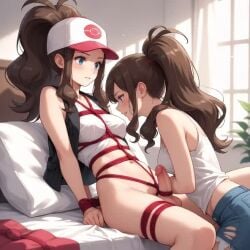 ai ai_generated blue_eyes blue_hair bondage erection female futanari hilda_(pokemon) kissing living_room rope tagme tied_breasts tied_hands tied_penis video