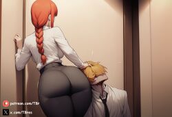 1boy 1girls ai_generated big_ass blood_on_face chainsaw_man clothed clothing femdom hourglass_figure makima_(chainsaw_man) narrow_waist red_hair t8r thick_ass thick_thighs wide_hips