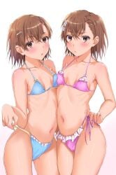 2020s 2025 2girls ass_visible_through_thighs asymmetrical_bangs asymmetrical_docking bare_hips bare_shoulders bikini bikini_bottom_pull blue_bikini blush breast_press breasts brown_eyes brown_hair clone collarbone female flower gluteal_fold hair_flower hair_ornament hairpin hi_res hips looking_at_viewer matching_hair/eyes misaka_imouto misaka_mikoto multiple_girls navel pulling_own_clothes purple_bikini revision ribs short_hair simple_background sioo_1029 small_breasts standing stomach swimsuit teenage_girl teenage_girls teenage_tits teenager teenagers thighs to_aru_kagaku_no_railgun to_aru_majutsu_no_index white_background young young_female