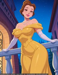 ai-created balcony bangs bare_shoulders belle_(disney) blush breasts brown_eyes brown_hair cleavage clothing curvaceous dress earrings elbow_gloves english_language english_text eyeshadow female female female_only formal gloves hair_bun high_resolution huge_breasts indoors jewelry large_breasts lips lipstick looking_at_viewer makeup mature mature_female medium_breasts moon necklace night night_sky off-shoulder_dress off_shoulder outdoors parted_lips pearl pearl_necklace railing red_lips single_hair_bun sky smile solo standing star_(sky) starry_sky strapless strapless_dress text thighs tied_hair white_gloves wide_hips window wodstudio yellow_dress