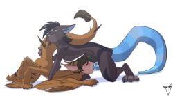2025 3_toes 4_arms 4_fingers animal_humanoid antennae_(anatomy) avian avian_humanoid barbel_(anatomy) black_claws black_hair blue_inner_ear blue_penis blue_tail blue_whiskers blush blush_lines bmbrigand bodily_fluids brown_body brown_fur brown_whiskers claws closed_eyes cum cum_drip cum_dripping_from_mouth cum_inside digital_drawing_(artwork) digital_media_(artwork) dipstick_tail dragon dripping duo european_mythology eye_markings feathers feet felid feline fellatio female feral fingers flesh_whiskers flye frie fur furred_dragon furred_scalie genital_fluids genitals greek_mythology hair harpy harpy_humanoid hi_res highlights_(coloring) holding_tail humanoid hybrid interspecies kangaroo knot macropod male male/female mammal markings marsupial mink-mink_harpy multi_arm multi_limb mythological_avian mythological_creature mythological_scalie mythology non-canine_knot nude oral penile penis red_eyes rgb saliva scales scalie scaly_tail semi-anthro sex shaded simple_background smaller_version_at_source spiked_tail spikes spikes_(anatomy) striped_body striped_fur striped_markings striped_tail stripes tail tail_markings tan_body tan_feathers tan_fur tan_wings toes tuft whiskers white_background wingless_dragon