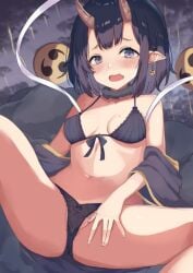 bangs bare_shoulders black_bra black_panties blush bra breasts earrings eyebrows_visible_through_hair fangs female halloween horns jack-o'-lantern jewelry navel oerba_yun_fang off_shoulder oni oni_horns open_mouth panties pointy_ears pumpkin purple_eyes purple_hair short_hair shuten_douji_(fate/grand_order) sitting skin-covered_horns small_breasts solo spread_legs underwear