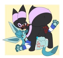 animal_genitalia animal_penis anus artyom_(thebonemaker) balls blue_blush blue_body blue_eyes blue_fur blue_penis blue_sclera blush canine_genitalia canine_penis clothing collar degrading_tattoo duo eeveelution feral fluffy fluffy_tail fur generation_2_pokemon generation_4_pokemon genitals glaceon glowing glowing_genitalia glowing_penis hi_res holding_butt leg_markings leg_warmers legwear looking_at_viewer looking_pleasured lying male male/male male_on_top markings nintendo on_back on_top pattern_clothing penis pokemon pokemon_(species) sh4d0w_(artist) shadow_(sh4dow) simple_background socks_(marking) striped_clothing stripes tail text umbreon