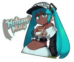 1girls alternate_skin_color blue_hair dark-skinned_female dj female gangster hat hatsune_miku long_blue_hair long_hair midriff navel race_swap rapper tagme tummy vocaloid