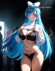 _long_hair ai_generated black_bra black_panties blacked blacked_clothing blue_eyes blue_hair bow bra braid breasts cleavage dress female female female_focus female_only green_eyes hair_ornament hairbow hirogaru_sky!_precure jewelry large_breasts light-skinned_female light_skin long_hair looking_at_viewer magical_girl makeup meitabuu multiple_girls navel nijigaoka_mashiro panties pink_hair precure solo solo_female solo_focus sora_harewataru standing thick_thighs thighs underwear white_bow white_dress