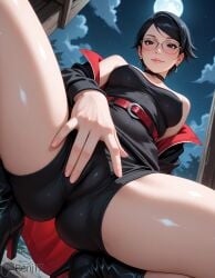 1girls ai_generated ass ass_focus benj17 big_ass boruto:_naruto_next_generations feet female foot_fetish foot_focus foot_worship milf naruto_(series) navel nude sagging_breasts sarada_uchiha shiny_skin soles solo sweat toes uncensored white_skin