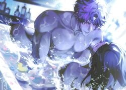1boy abs aroused black_hair blush chain_necklace chains closed_eyes collarbone couple evil_fishie female highres in_bathtub indoors jewelry love_and_deepspace missionary muscular muscular_male necklace nude open_mouth partially_submerged pectorals protagonist_(love_and_deepspace) purple_eyes rafayel_(love_and_deepspace) sex short_hair straight wading water_censor wet
