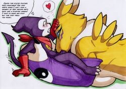 anthro balls bandai_namco black_sclera blue_eyes blush bodily_fluids clothing digimon digimon_(species) duo english_text fellatio female female_penetrated fur genital_fluids genitals gloves handwear hi_res impmon larger_female male male/female male_penetrating male_penetrating_female oral oral_penetration penetration penile penis renamon rotten_owl sex simple_background size_difference small_dom_big_sub smaller_male tail text traditional_media_(artwork) white_background white_body white_fur yellow_body yellow_fur