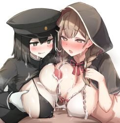 1boy 2girls @_@ absurdres after_ejaculation after_paizuri ahoge akitsu_maru_(kancolle) bikini black_bikini black_eyes black_hair black_hat black_jacket braid breasts brown_eyes brown_hair bukkake capelet commission cooperative_paizuri covered_nipples cum cum_on_body cum_on_breasts cum_on_clothes cum_on_hair embarrassed facial ffm_threesome gloves group_sex hat heart heart-shaped_pupils highres huge_breasts jacket kantai_collection licking_lips looking_at_viewer medium_hair military_hat military_jacket multiple_girls open_mouth paizuri paizuri_under_clothes peaked_cap peanut_mouth pov sabo_(12454861) shinshuu_maru_(kancolle) sideboob_paizuri simple_background skeb_commission smile swimsuit symbol-shaped_pupils teamwork_(sexual) teeth threesome tongue tongue_out twin_braids white_background white_bikini white_gloves zenra