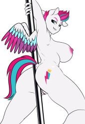 anthro areola blue_eyes clothing cutie_mark dancing equid equine eyebrows female genitals hair hasbro hi_res looking_at_viewer mammal mlp_g5 multicolored_hair multicolored_wings my_little_pony mythological_creature mythological_equine mythology nipples nude pegasus pia-sama pole pole_dancing purple_eyebrows purple_hair purple_tail pussy simple_background solo tail turquoise_hair turquoise_tail two_tone_tail vulva white_background white_body wings zipp_storm_(mlp)