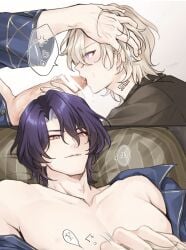 2boys 2male 2males aventurine_(honkai:_star_rail) blowjob dr._ratio_(honkai:_star_rail) dr.ratio_(honkai:_star_rail) gay honkai:_star_rail honkai_(series) looking_at_another looking_at_partner looking_down looking_up male male_only semi_clothed semi_nude smirk smirking smirking_at_partner smirking_dom tsundere yaoi