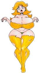 absurdres alternate_breast_size bikini_bottom bimbo bimbofication blue_eyes breasts brown_hair female gaixas1 gaixas1draw grabbing_another's_breast grabbing_own_breast grin groping highres large_breasts legs looking_at_viewer mario_(series) micro_bikini navel nintendo possessed possession princess princess_daisy short_hair shorts smile solo super_mario_land thick_thighs thighhighs thighs toned topwear traditional_media
