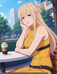 ai-created ai_generated bangs bare_arms bare_shoulders bench black_eyes blonde_hair blue_sky blush breasts building city closed_mouth clothing cloud cup day disposable_cup dress drinking_straw english_language english_text female folded_ponytail hair_between_eyes half_updo high_resolution large_breasts lips long_hair looking_at_viewer medium_breasts outdoors ponytail sentai_daishikkaku shirt sidelocks sitting sky sleeveless smile solo suzukiri_yumeko table text tied_hair tree wodstudio yellow_dress zipper