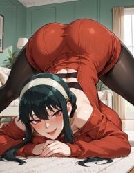 1girls ai_generated ass huge_breasts jack-o_pose pantyhose smile spread_legs spy_x_family sweater vertiloart yor_briar