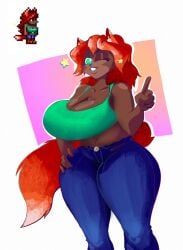 1girls big_breasts bigoldoinks clothed clothing female fox fox_ears fox_girl fox_tail furry furry_female furry_woman re-logic reference_image smile solo solo_female star terraria thicc thick_thighs zoologist_(terraria)