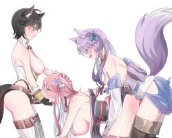 3girls animal_ears bell black_hair blue_eyes blush breasts breasts_out commission commissioner_upload dildo embarrassed female femdom fingerless_gloves fox_archer_(sakura_dungeon) fox_ears fox_girl fox_miko_(sakura_dungeon) fox_tail gloves grabbing_another's_arm grabbing_another's_chin grabbing_another's_hair group_sex hand_on_another's_chin highres japanese_clothes kimono multiple_girls neck_bell non-web_source pink_hair pudding(crepe) purple_hair sakura_dungeon sex_toy strap-on tail tears thighhighs threesome twintails yomi_(sakura_dungeon) yuri