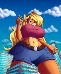 2022 2d 2d_(artwork) 2d_artwork 2girls activision anthro bandicoot beautiful beauty_mark belly belly_button belt blonde_hair breasts buildings city coco_bandicoot crash_(series) crash_bandicoot_(series) eyeshadow female furry furry_female giant_female giantess green_eyes hotpants jean_shorts large_breasts larger_female macro mammal marsupial orange_fur sergesalvatrice short_pants shorts size_difference smaller_female smile tawna_bandicoot thick_thighs thighs video_games