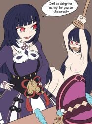 blush bondage clone cloth_gag doppleganger evil_smile genshin_impact naked yun_jin_(genshin_impact)