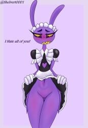 absurd_res andromorph anthro blush clothing embarrassed genitals glitch_productions hi_res intersex jax_(tadc) maid_uniform male shelvert0001 solo the_amazing_digital_circus uniform vulva