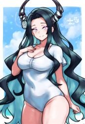 1girls :) big_breasts breasts chest cleavage collarbone cyan_hair female female_only flower_in_hair hand_on_chest hand_on_own_chest hips hololive hololive_english hololive_english_-advent- horns light-skinned_female light_skin long_hair looking_at_viewer malpha_ravencroft mole mole_under_eye moles_under_eyes navel_visible_through_clothes one-piece_swimsuit pink_eyes rotomdocs smile solo standing swimsuit very_long_hair virtual_youtuber waist white_swimsuit