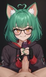 1girls ahoge ai_generated cat_ears double_handjob female fingerless_gloves girl_dm glasses handjob hoodie indie_virtual_youtuber looking_at_viewer penis short_hair smiling virtual_youtuber youtube youtuber