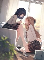 2girls absurdres arms_behind_back bag bedroom benevole blue_hair blue_ribbon braid brown_eyes brown_hair brown_necktie brown_skirt collar commentary_request curtains foot_under_clothes grey_bag hair_ribbon half_up_braid highres holding holding_leash indoors leash long_hair long_sleeves miyagi_shiori multiple_girls necktie no_shoes open_mouth plaid_clothes plaid_skirt pleated_skirt red_collar ribbon school_bag school_uniform sendai_hazuki shirt short_hair shuuniichido_classmate_wo_kau_hanashi skirt white_shirt yuri