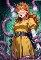 @_@ ahe_gao ai_generated bangs blush breasts clothing crown curly_hair dragon_quest dress earrings elbow_gloves english_language english_text female female female_only gem gloves green_eyes headwear heart hypnosis jewelry jousneystudio long_hair medium_breasts mind_control necklace open_mouth orange_hair puffy_short_sleeves puffy_sleeves restrained rolling_eyes saliva sash sex short_sleeves solo sweat tears teeth tentacle tentacle_sex text tiara tongue tongue_out uncommon_stimulation white_gloves yellow_dress