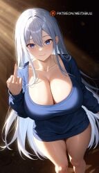 _long_hair ai_generated alternate_breast_size asahina_mafuyu blue_eyes breasts cleavage collarbone curvy female from_above grey_hair hair_between_eyes huge_breasts long_hair long_sleeves looking_at_viewer meitabuu middle_finger multiple_girls project_sekai smile solo standing thick_thighs thighs yoisaki_kanade