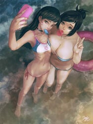 21yc 2girls alternate_costume animal_print asian asymmetrical_docking bandeau bangs barefoot bikini bikini_bottom black_hair blizzard_entertainment blue_bikini breast_press breasts brown_eyes brown_hair bubble_blowing bubble_gum candy cellphone choker cleavage clothes_writing collarbone d.va dessert eyeliner facepaint facial_mark feet female female_only fingernails food food_in_mouth full_body hair_bun hair_ornament hair_stick highres holding_phone human ice ice_cream innertube large_breasts long_fingernails long_hair looking_at_viewer makeup mei_(overwatch) midriff multiple_girls nail_polish navel overwatch phone pink_bikini pink_lips pink_nails popsicle ribs self_shot selfie sharp_fingernails side-tie_bikini signature small_breasts smartphone standing swept_bangs swimsuit taking_picture toes underboob v viewed_from_above water whisker_markings