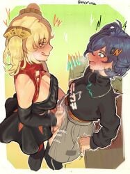 2girls belle_(zenless_zone_zero) big_breasts big_penis black_shirt blonde_hair blue_hair burnice_white clothed cumming cumming_on_self embarrassed foreskin frotting hiddenfuchsia hoyoverse large_breasts large_penis licking licking_lips mihoyo mihoyo_technology_(shanghai)_co._ltd. no_panties rubbing_penis rubbing_penis_on_penis skirt skirt_lift stroking stroking_cock stroking_penis top_down trans_woman twintails yuri zenless_zone_zero