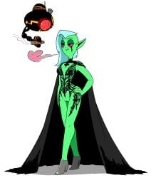 absurd_res alien alien_humanoid alternate_version_at_source anonymous_artist breasts cape cigar clothed clothing disney female fingers footwear freckles full-length_portrait genitals green_body green_skin hair half-closed_eyes hand_on_hip hand_on_own_hip hi_res high_heels humanoid humanoid_pointy_ears ineffective_clothing long_hair lord_dominator machine narrowed_eyes noseless not_furry pink_sclera pointy_ears portrait pussy robot shoes simple_background smoke solo standing vulva wander_over_yonder white_background white_hair