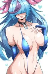 athletic blue_swimsuit blush choker curvy duel_masters hand_on_breast large_breasts looking_away navel pastel_dancing_music_love shy slender_waist slingshot_swimsuit small_waist smile upper_body
