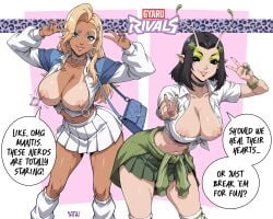 2d 2girls blonde_hair choker cleavage clothed clothed_female dagger_(marvel) dagger_(marvel_rivals) double_v female guardians_of_the_galaxy gyaru leg_warmers looking_at_viewer mantis mantis_(marvel) mantis_(marvel_rivals) marvel marvel_comics marvel_rivals navel nipple_piercing nipples purse shirt skirt smile sweater_around_waist tan_body tan_skin tandy_bowen tanline tanlines tanned thighs tummy unbuttoned_shirt uncensored v yatagarasupen