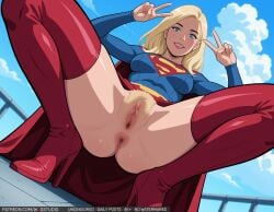 ai-created anus ass bangs blonde_hair blonde_pubic_hair blue_bodysuit blue_eyes blue_shirt blue_sky blush bodysuit boots breasts cape clothing cloud cloudy_sky day dc_comics double_v female female female_only female_pubic_hair footwear gloves grin high_heel_boots high_heels knee_boots large_breasts legwear lips long_hair long_sleeves looking_at_viewer makeup medium_breasts nopan outdoors pink_lips presenting pubic_hair red_cape red_footwear red_legwear red_lips red_thighhighs shirt shoes skirt sky smile solo spread_legs squatting supergirl superhero superheroine teeth thick_thighs thigh_boots thighhighs thighs v vagina wodstudio