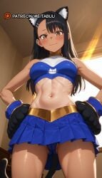 _nagatoro abs ai_generated alternate_costume animal_ear_fluff animal_ears animal_hands ass_visible_through_thighs bare_shoulders black_hair blue_panties blue_skirt blush breasts brown_eyes cameltoe cat_ears cat_girl cat_paws cat_tail cheerleader closed_mouth cosplay cowboy_shot crop_top dark-skinned_female dark_skin ear_piercing earclip female from_below gloves hair_ornament hairclip hands_on_own_hips hayase_nagatoro indoors long_hair looking_at_viewer medium_breasts meitabuu midriff miniskirt nagatoro_hayase navel panties pantyshot paw_gloves please_don't_bully_me pleated_skirt skirt smile solo standing stomach sunlight tail tan thighs toned underwear upskirt
