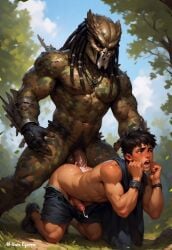 ai_generated anal_sex anthro anthro_on_human anthro_penetrating balls ballsack camouflage cum cum_drip cum_in_ass cum_inside cumshot dark_hair dreds erect_penis erect_while_penetrated erection jungle muscles muscular muscular_anthro muscular_arms muscular_thighs naked naked_male nude nude_anthro nude_male nudity penetration penis penis_in_ass semi_nude tan_skin