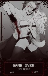 black_lingerie black_stockings blood_stain breasts_out cat_ears cat_tail catgirl fox_ears fox_tail guro horror meinkatzchen mist_(meinkatzchen) ren_hana scars screaming the_price_of_flesh torture white_hair
