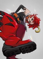 ahoge bare_shoulders belt black_bodysuit black_gloves blonde_hair blurry bodysuit boot_fetish boots closed_mouth collar commentary_request echizen_(n_fns17) elbow_gloves female femdom freckles from_below gloves goth goth_girl green_eyes grey_background highres lipstick looking_at_viewer makeup mela_(pokemon) multicolored_hair n_fns17 nintendo orange_belt orange_collar pokemon pokemon_sv red_boots red_hair shoe_soles solo stepped_on team_star trample trampling two-tone_hair vest