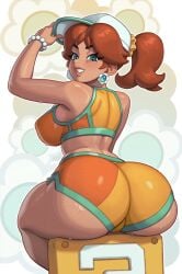 1girls ass blue_eyes breasts dat_ass female hi_res huge_ass huge_breasts mario_(series) mario_kart mario_kart_world nintendo orange_hair princess_daisy rizdraws swimsuit tan tan-skinned_female tanned_skin