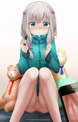 3: anus ass bangs blue_eyes blush bottomless bow cellphone censored cleft_of_venus closed_mouth embarrassed eromanga_sensei female grey_hair hair hair_between_eyes hairbow izumi_sagiri jacket knees_together_feet_apart long_hair looking_at_viewer mosaic_censoring phone pink_bow pussy smartphone solo stuffed_animal stuffed_toy teddy_bear thighs watermark web_address zen33n zen_o_(zen33n)