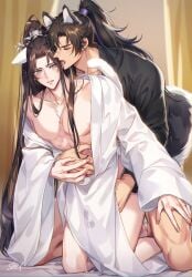 2boys abs absurdres animal_ears bare_pectorals black_hair black_hanfu blue_ribbon brown_hair cat_ears cat_tail chinese_clothes chu_wanning closed_eyes collarbone cum cum_on_body cum_on_legs dog_ears dog_tail erha_he_tadebai_mao_shizun hair_ribbon half_updo hand_on_another's_leg hand_on_another's_shoulder hand_under_clothes hanfu hickey high_ponytail highres jewelry kemonomimi_mode kneeling korean_commentary licking licking_ear long_hair long_sleeves male_focus mo_ran multiple_boys necklace nipples on_bed open_clothes open_mouth partially_undressed pectorals pendant ponytail ribbon stained_clothes tail tongue wide_sleeves xiao_guan_(headdress) yaoi zehel_az