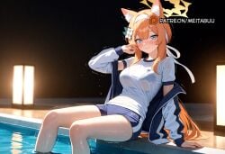 :> ai_generated animal_ear_fluff animal_ears arm_support blue_eyes blush breasts cat_ears closed_mouth female flower hair_flower hair_ornament halo jacket large_breasts long_hair looking_at_viewer mari_(blue_archive) mari_(track)_(blue_archive) meitabuu official_alternate_costume orange_hair shirt shorts sitting skin_tight soaking_feet solo trembling wet white_flower yellow_halo
