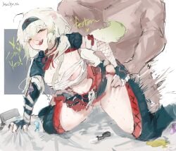 1boy ahoge animal_ears areola_slip armor artist_name bandaged_arm bandaged_chest bandages breasts clothed_female_nude_male condom cum english_text female female_ejaculation ferret_ears ferret_girl ferret_tail fishnet_gloves fishnets gloves gradient_hair gradient_tail green_eyes green_hair green_tail guided_thigh_grab hair_between_eyes hairband heart highres internal_cumshot laimu_(vtuber) laimu_(vtuber)_(huntress) monster_hunter_(character) monster_hunter_(series) motion_blur motion_lines multicolored_hair multicolored_tail nargacuga_(armor) nipple_slip nipples nude scale_armor sex sex_from_behind signature snuzby sweat tail thigh_grab thighhighs torogao twintails two-tone_hair two-tone_tail used_condom vinesauce virtual_youtuber white_hair white_tail