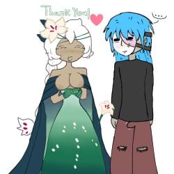 breasts_out bulge_through_clothing cookie_run_kingdom exposing_breasts lazy_art lily_(flower) love mask nervous nipples rarepair sal_fisher sally_face thank_you white_background white_lily_cookie