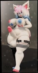 3d_(artwork) animatronic anthro balls big_balls big_breasts big_penis blue_hair blue_nipples breasts canid canine clothing digital_media_(artwork) ear_piercing ear_ring erection fluffy fluffy_tail fox full-length_portrait futanari garter_belt garter_straps genitals gradient_hair grin hair hi_res holding_breast humanoid_genitalia humanoid_penis inner_ear_fluff intersex inverted_nipples legwear machine mammal nipples penis piercing pink_hair pink_nipples portrait purple_eyes ring_piercing robot robot_anthro samantha_(smelly_foxo) short_hair smile solo tail thick_thighs thigh_highs tuft vladoknoaz113 watermark white_body wide_hips