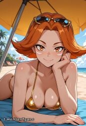 1girls ai_generated beach bikini dota_2 facial_markings laying_down lina looking_at_viewer ocean sand sea sun_umbrella sunglasses sunglasses_on_head swimsuit umbrella