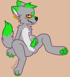 animal_genitalia animal_penis anthro archie_foster canid canine canine_genitalia canine_penis canis claws coyote dinkden dipstick_tail ear_piercing ear_ring fur genitals green_body green_claws green_fur green_hair green_penis grey_body grey_fur hair hi_res male mammal markings penis piercing ring_piercing solo spread_legs spreading tail tail_markings yellow_eyes